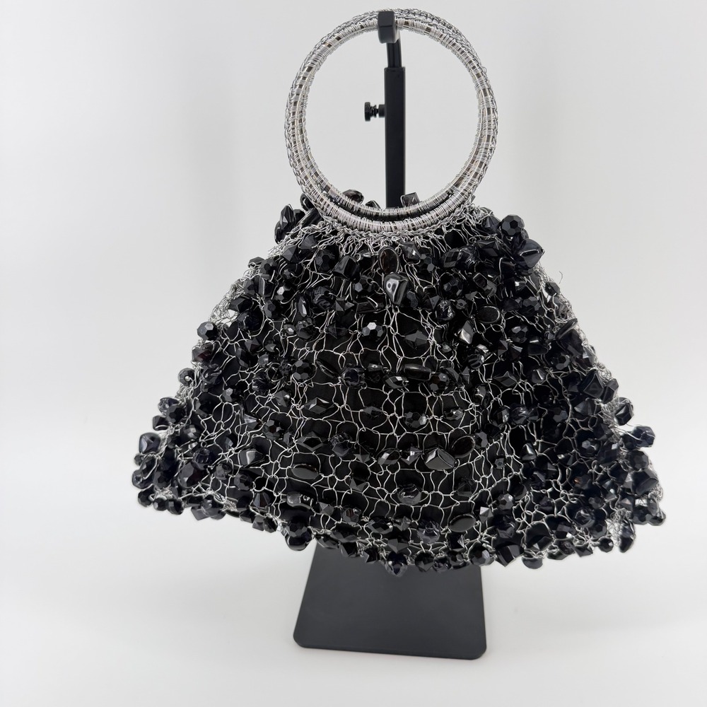 La Chica Chic Black Beaded Wire Evening Bag Silver Ring Handle Made in Brazil